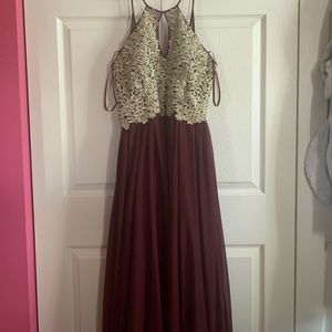 spaghetti strap maroon and gold prom dress
